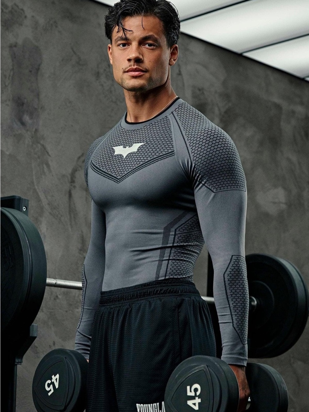 YoungLA Compression Long Sleeve Top with Bat Logo in Charcoal Gray